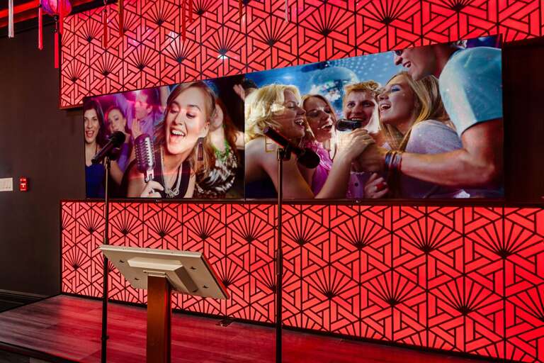 - Stylish entertainment room with cherry blossom mural
- Red-felt pool table
- Pick a mic, pick a song. one unforgettable night
- Mini bar, major vibes.