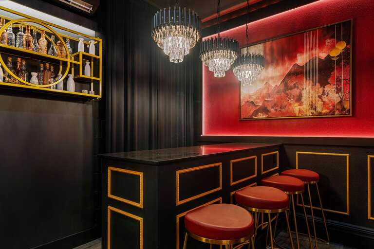 - Stylish entertainment room with cherry blossom mural
- Red-felt pool table
- Pick a mic, pick a song. one unforgettable night
- Mini bar, major vibes.