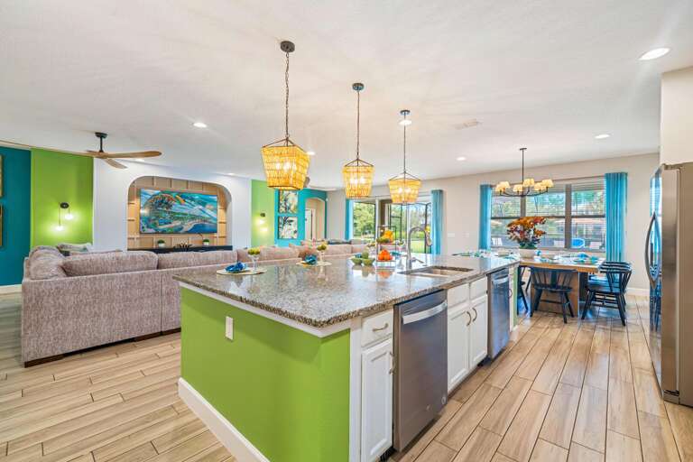 Kitchen, living, and dining area
