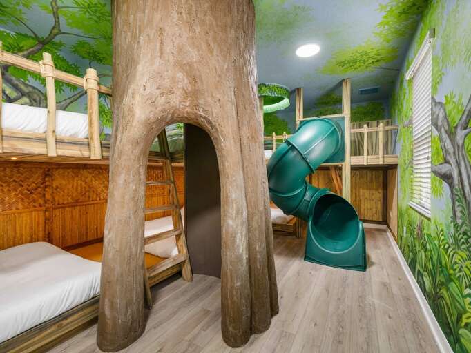 Treehouse themed bedroom with slide and Queen beds