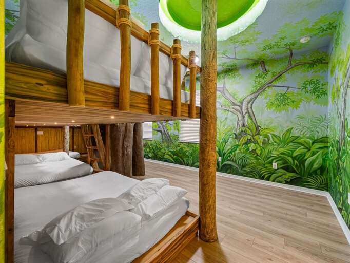 Treehouse themed bedroom with slide and Queen beds