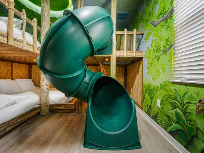 Treehouse themed bedroom with slide and Queen beds