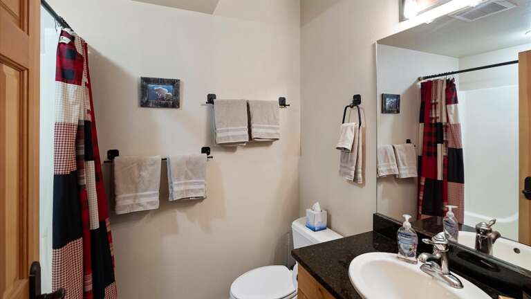 The hallway bathroom features a shower/tub combination, toilet, and vanity.