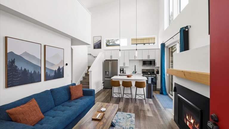 Main living space with open concept living room and kitchen. The living room features a luxury queen sofa sleeper.