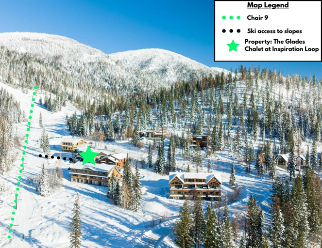 This aerial photo features the location of The Glades Chalet at Inspiration Loop and the close proximity to the slopes and Chairs 4