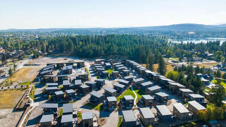 Aerial view of the Quarry showcasing the close proximity to downtown Whitefish.