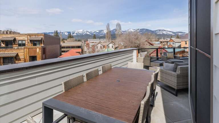 Wrap around balcony with brand new hot tub, BBQ grill, luxury patio seating and loungers,  outdoor dining table for 8, 360 alpine views