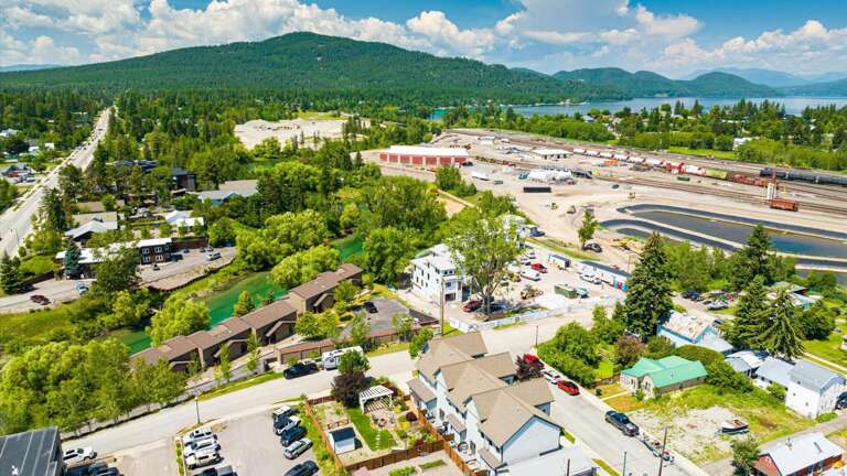 Aerial view of the property showcasing the location in the heart of downtown and river access