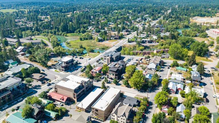 Aerial view of the property in downtown Whitefish.