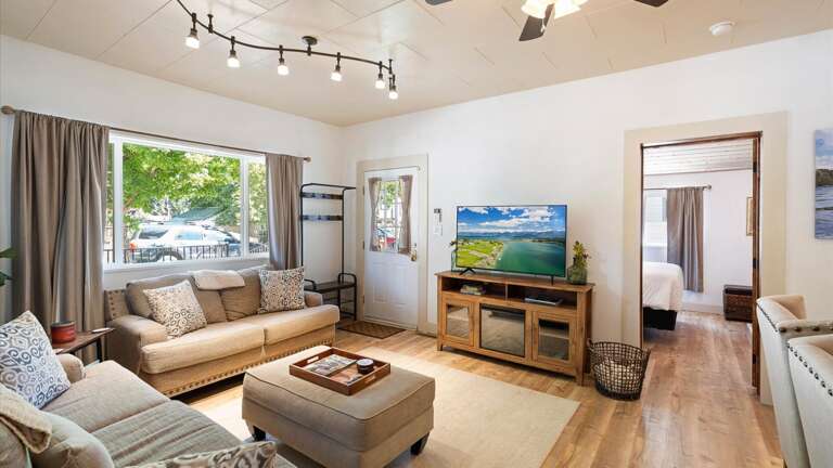 Cozy seating and HDTV with streaming capabilities.