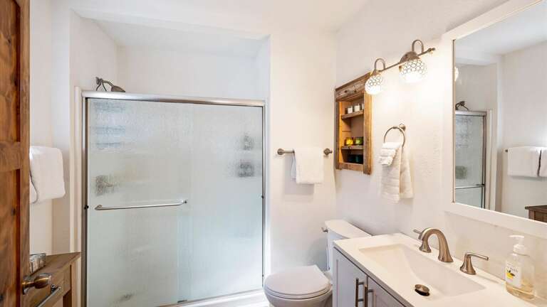The large bathroom features a luxury vanity, shower, toilet, and lots of storage space for toiletries.