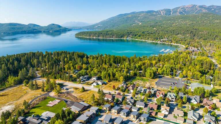 Aerial view of The Bison at The Quarry showcasing the close proximity to Whitefish Lake