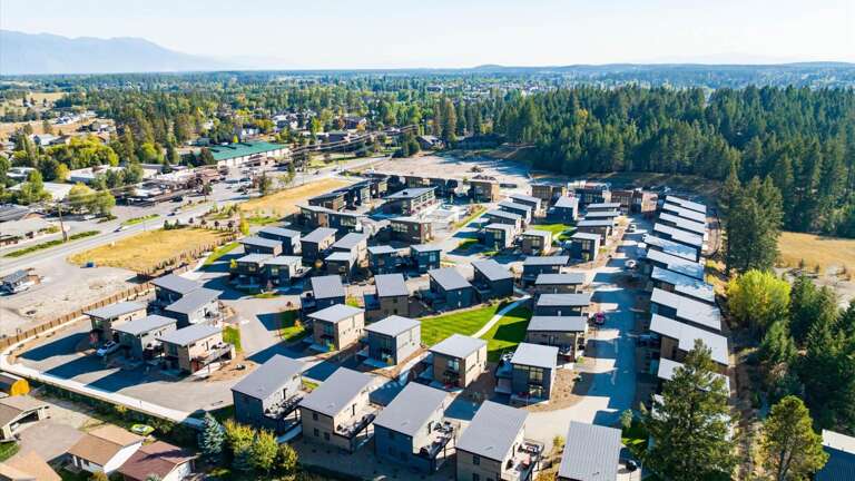 Aerial view of the Quarry showcasing the close proximity to downtown Whitefish.