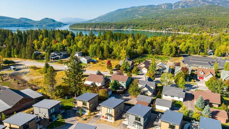 Aerial view of The Cornerstone at The Quarry showcasing the close proximity to Whitefish Lake