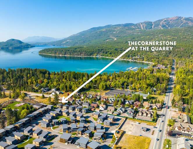 Aerial view of The Cornerstone at The Quarry showcasing the close proximity to Whitefish Lake