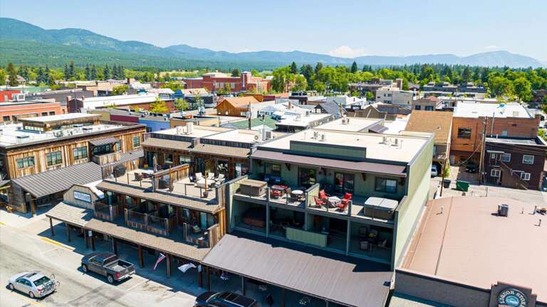 Aerial view of the property with the large deck.