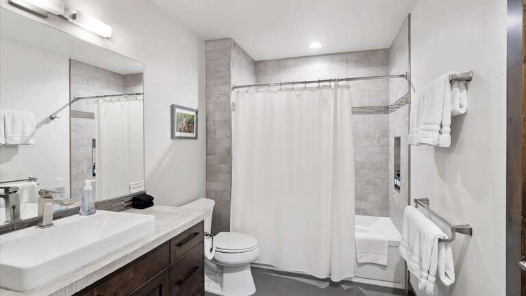 Bathroom with a shower/tub combination, toilet, and vanity