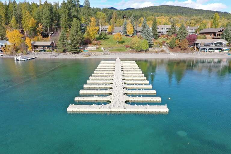Aerial view of dock at private beach (boat slips available upon reservation).