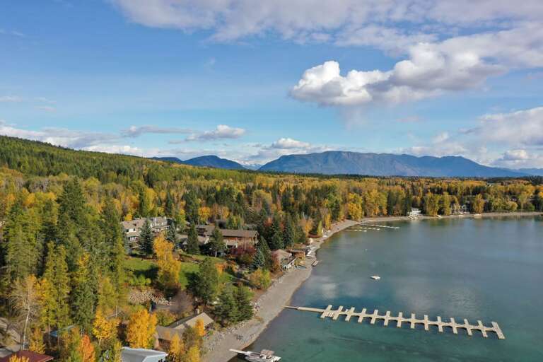 Aerial view of Mountain Harbor beach on Whitefish Lake.
