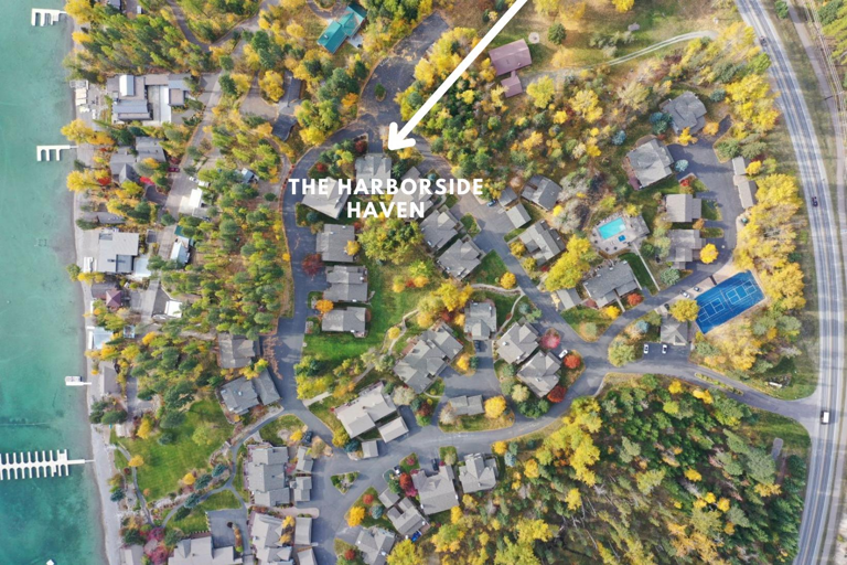 Aerial view of Mountain Harbor showcasing the close proximity of the property to the lake.