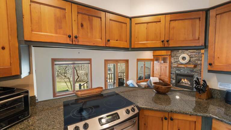 Fully stocked open concept kitchen.