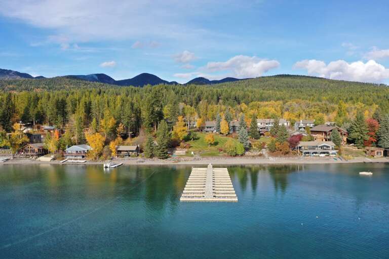 Aerial view of the Mountain Harbor private beach and dock (boat slips available on first come/first serve basis)