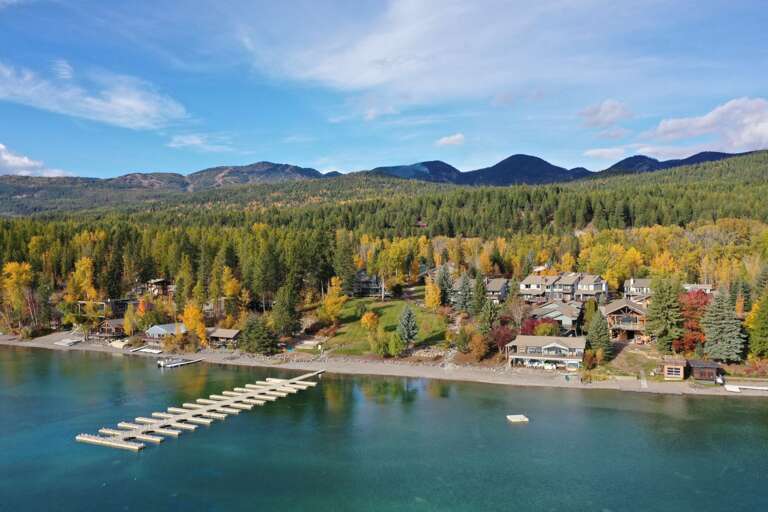 Aerial view of the Mountain Harbor private beach and dock (boat slips available on first come/first serve basis)