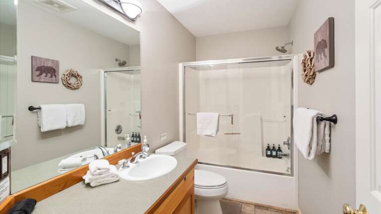 Main floor bathroom with shower/tub combination, toilet