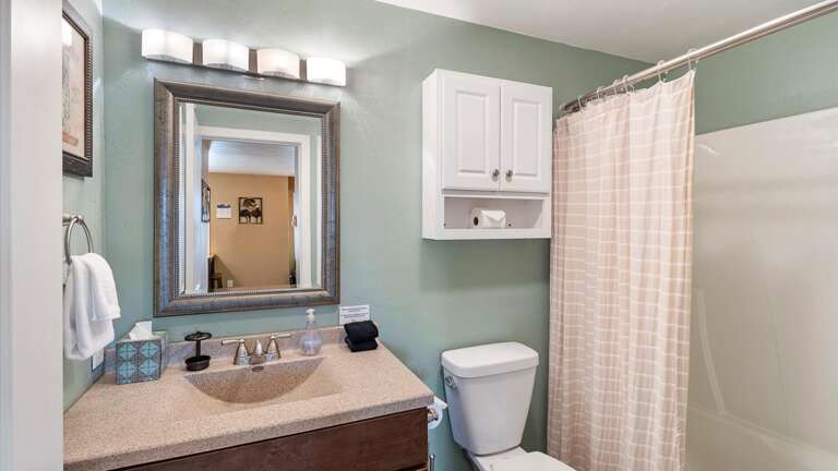 Bathroom with shower/tub combination, toilet, and vanity