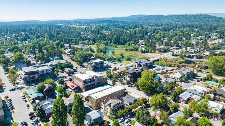 Aerial view of the building to showcase the location in Downtown Whitefish.