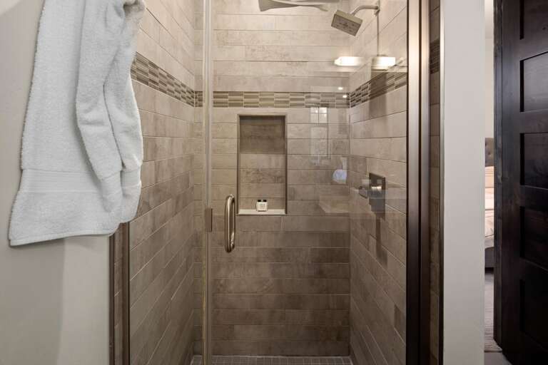 Ensuite master bathroom features luxury vanity, walk-in shower, and toilet.