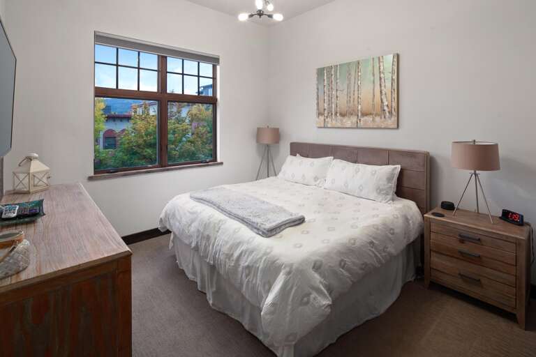 The guest bedroom features a luxury king mattress, alpine views, a large closet, and HDTV with streaming