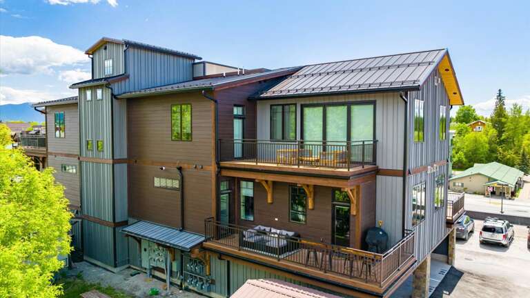 Aerial view of the balcony of the Moose Creek Retreat (the unit is the lower level wrap around balcony.