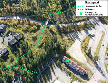 Aerial view of the property showcasing the ski access to the slopes, just steps from the property.