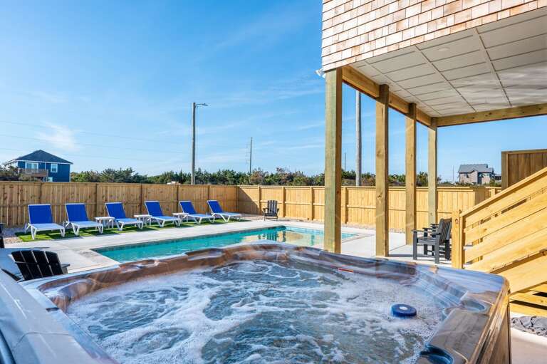 NH369: Nags Head 369 | Rear Exterior - Private Pool Deck - Hot Tub