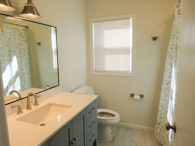 Light-filled Bathroom With Mirror, Sink, And Shower Curtain