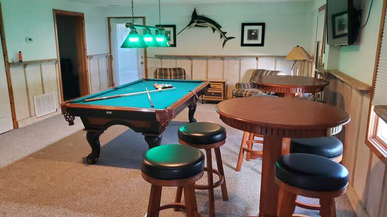 Recreation Room with table, stools, sofa, Pool Table