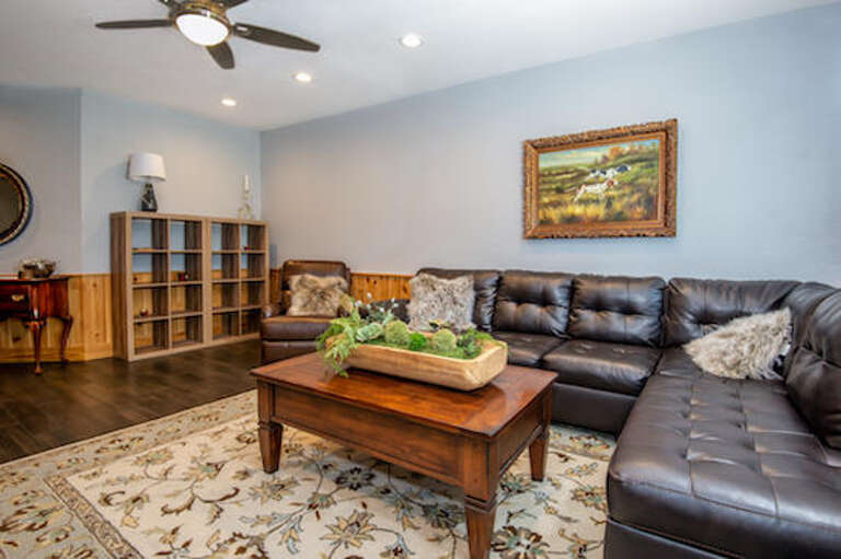 Living Space With Leather Sofa, Wooden Bookcase, And Lush Rug