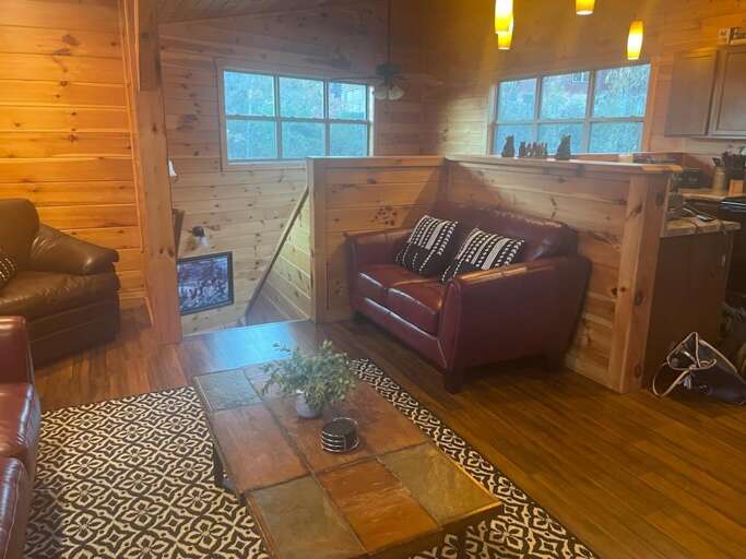 Wood-paneled Room With Brown Sofas, Patterned Rug, And Small Coffee Table