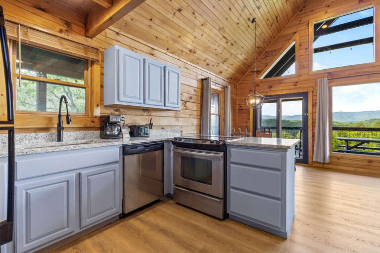 Wooden Walls With Window Views In Spacious Kitchen Setup