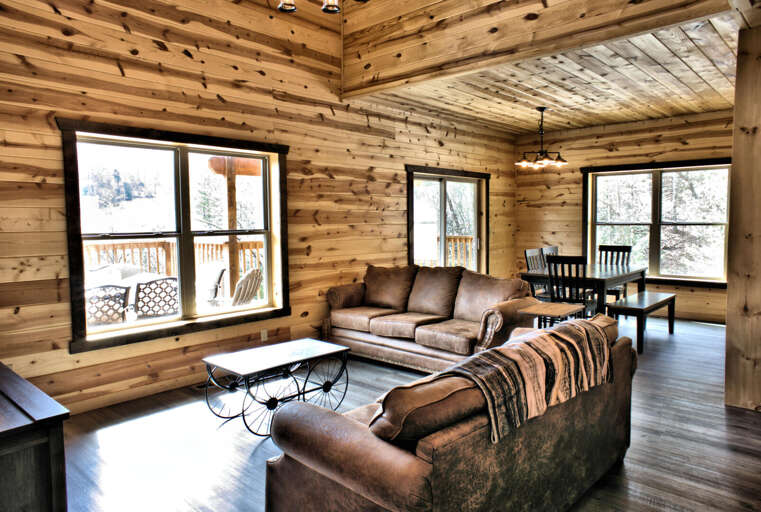 Wood-walled Room With Wide Windows, Brown Sofas, And Black Tables