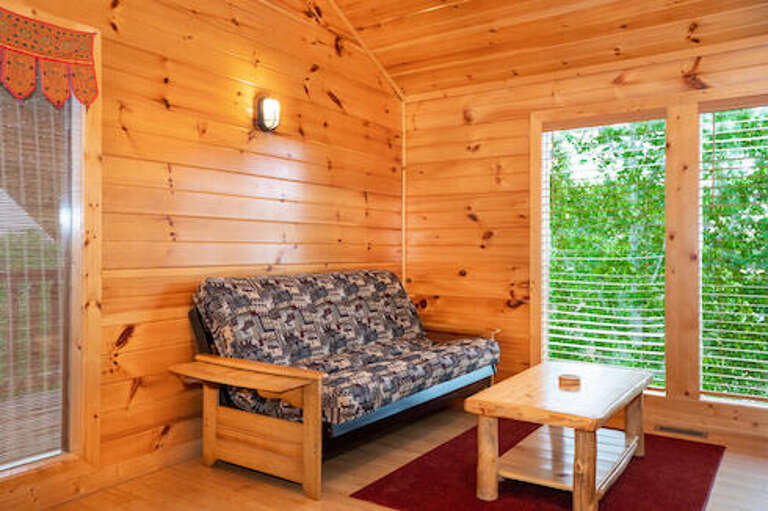 Wood-paneled Room With Patterned Sofa, Table, And View Of Greenery Through Window
