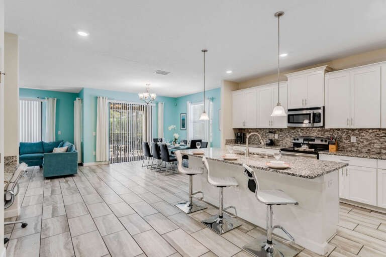 Kitchen, dining, and living area