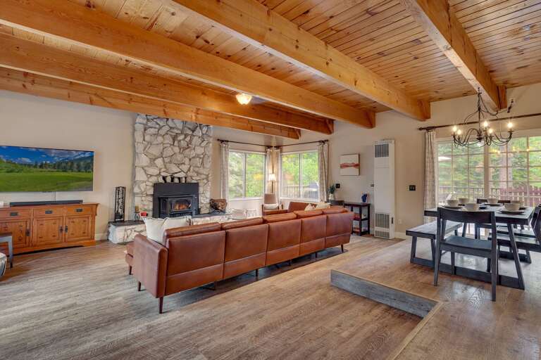Living area with comfy couch, flat screen TV. and fireplace