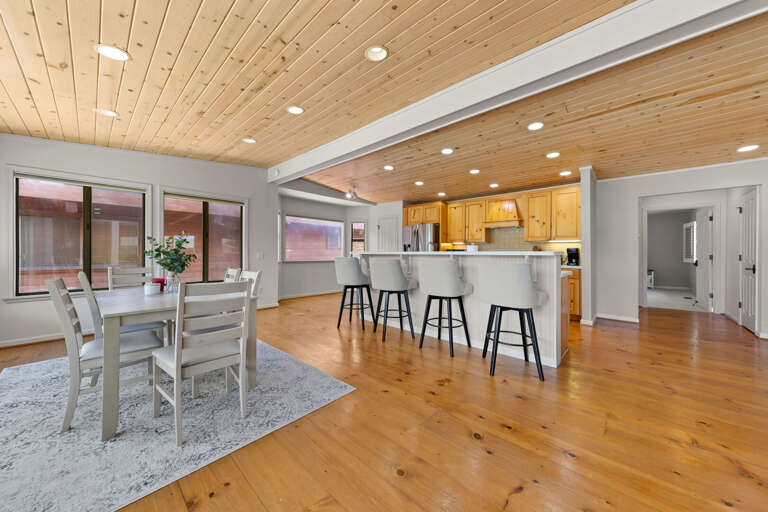 Well lit open space for dining and kitchen area Well lit open space for dining and kitchen area