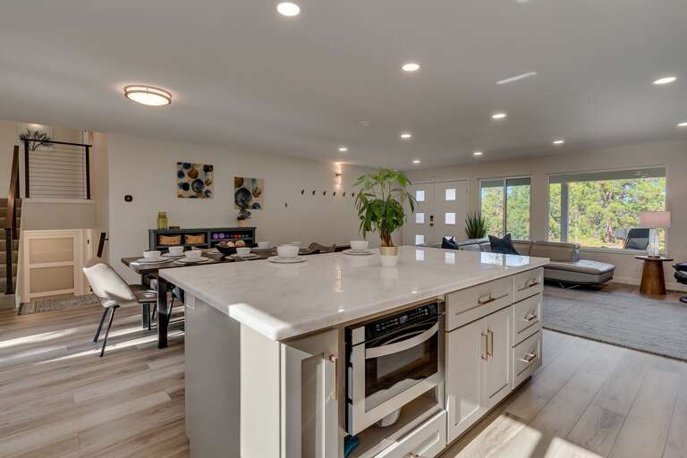 Kitchen, dining, and living area