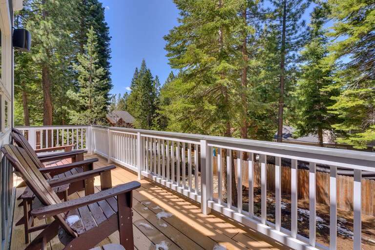 - Deck with lounge seating and wooded views
- Quiet outdoor retreat nestled among the trees
- Tahoe vacation rental with relaxing outdoor living space