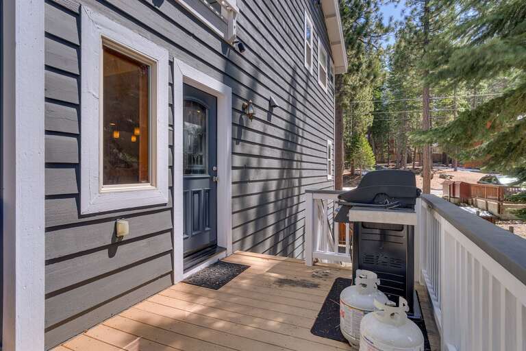 - Outdoor deck with propane grill for outdoor cookouts
- Peaceful Tahoe setting surrounded by towering pines
- Easy access to fresh mountain air and outdoor dining