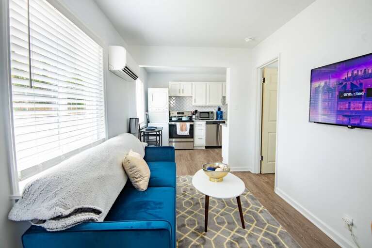 Living room view into the kitchen 