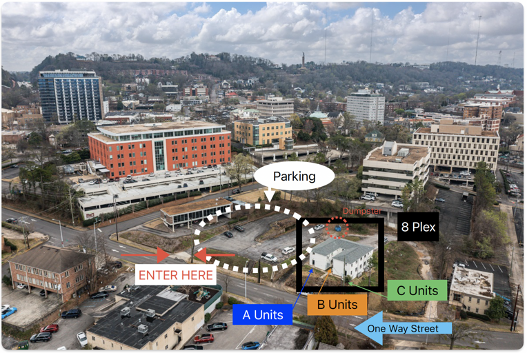 Map of the building, showing parking and where the units are located Map of the building, showing parking and where the units are located